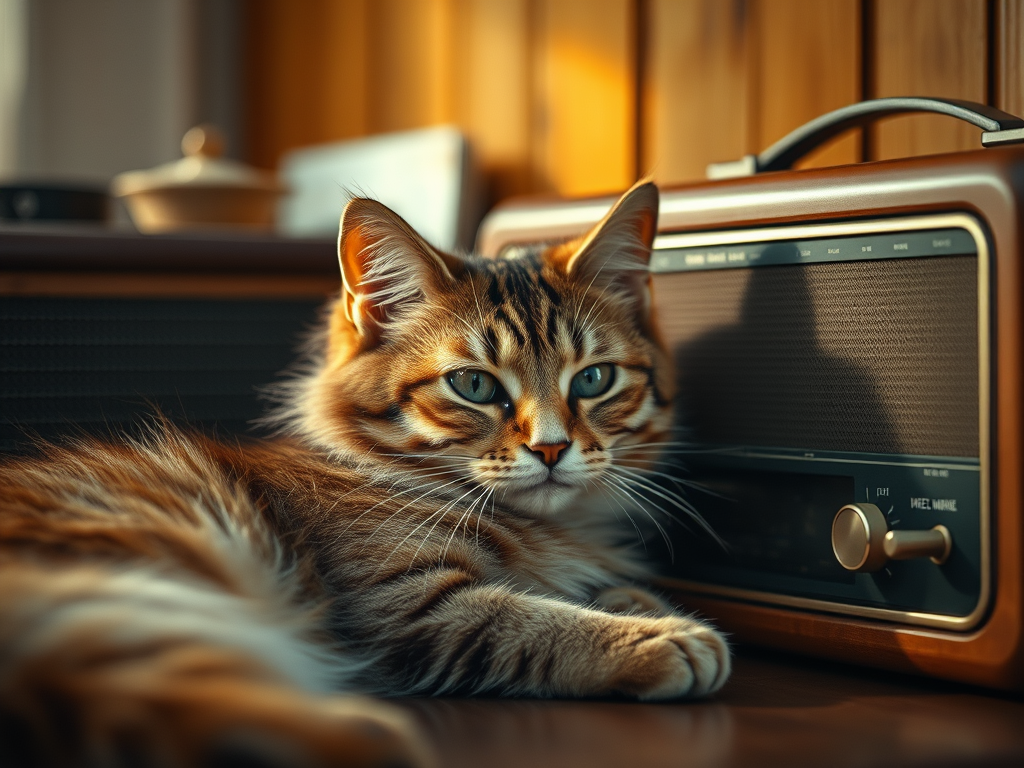 fluffy cat next to a radio